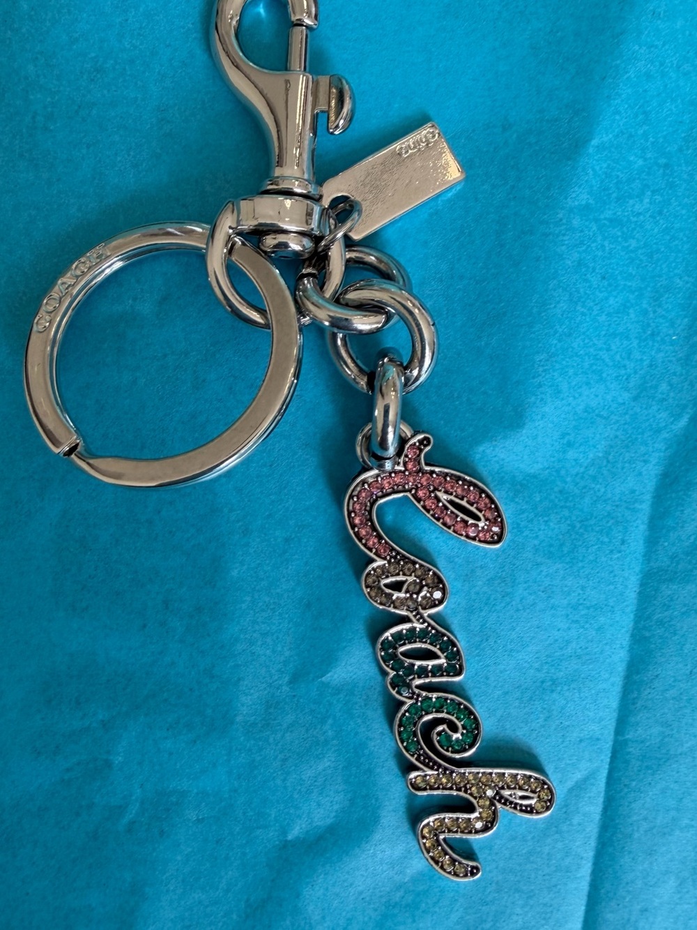 Coach Silver Multicolor Crystal Script Charm Keyring